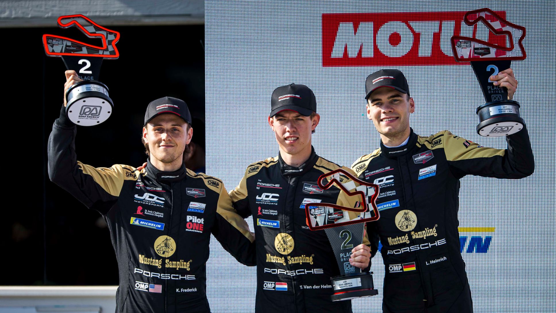 Kaylen Frederick (EE. UU.), Tijmen van der Helm (PB), Laurin Heinrich (ALE), (i-d), JDC-Miller MotorSports (n&ordm; 5), Road America, campeonato IMSA, 2026, Porsche AG