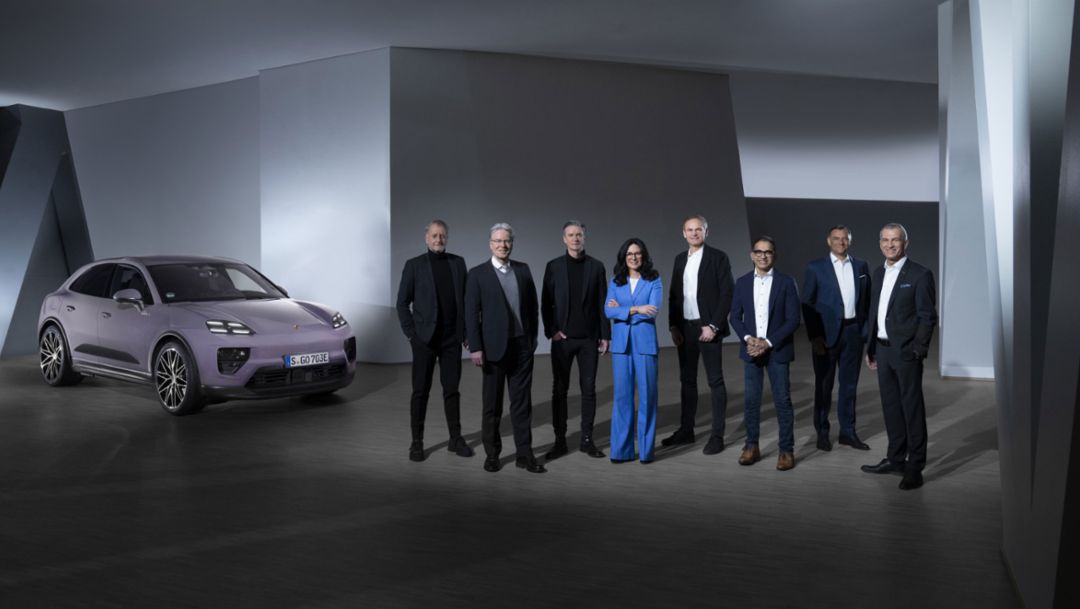 Executive Board Porsche AG: Detlev von Platen, Member of the Executive Board, Sales and Marketing, Andreas Haffner, Member of the Executive Board, Human Resources and Social Affairs, Lutz Meschke, Deputy Chairman of the Executive Board, Finance and IT, Barbara Frenkel, Member of the Executive Board, Procurement, Dr. Oliver Blume, Chairman of the Executive Board, Sajjad Khan, Member of the Executive Board, Car-IT, Dr. Michael Steiner, Member of the Executive Board, Research and Development, Albrecht Reimold, Member of the Executive Board, Production and Logistics, (l-r), 2024, Porsche AG