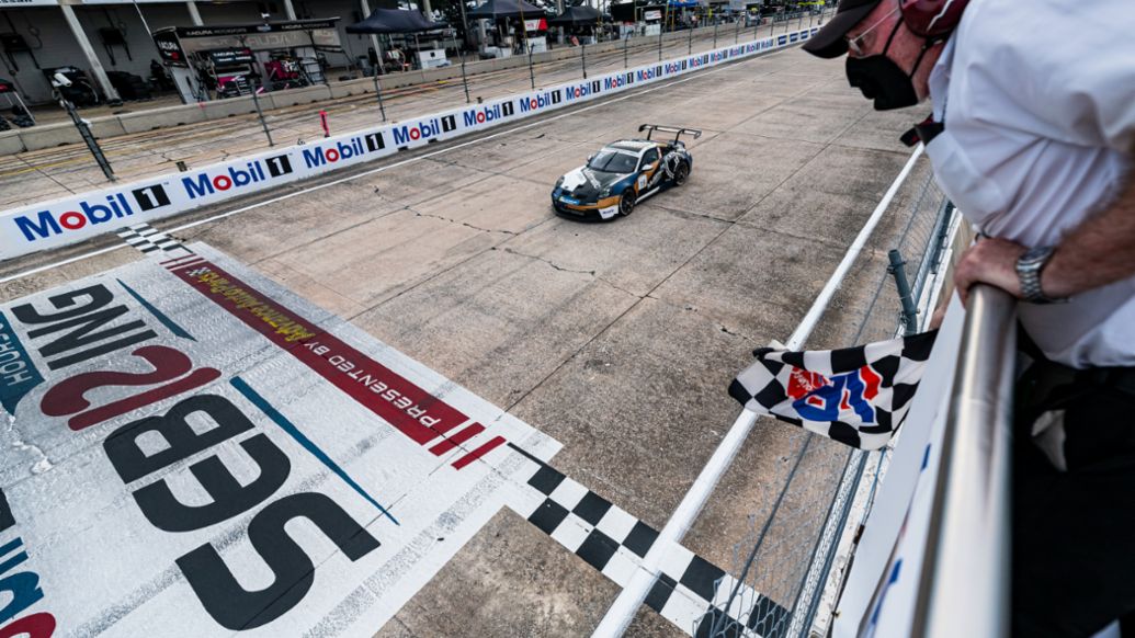 Porsche Carrera Cup North America - Sebring - Race 1 - No. 15 Kelly-Moss Road & Race Porsche 911 GT3 Cup - Seb Priaulx (UK) Takes Race 1 Checkered Flag, 2021, PCNA