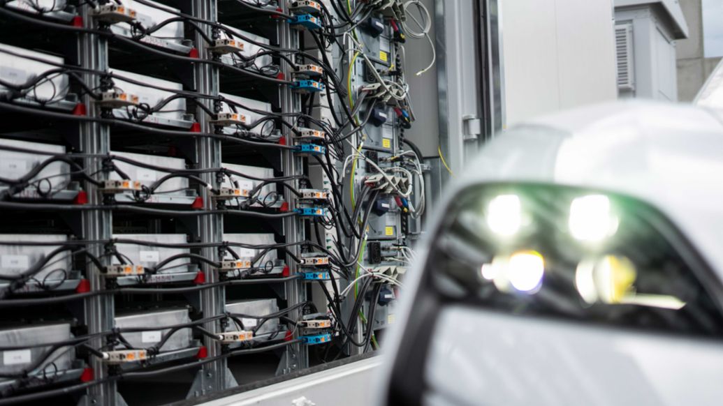 Battery storage system equipped with battery modules from Taycan R&D vehicles, Porsche Leipzig, 2024, Porsche AG